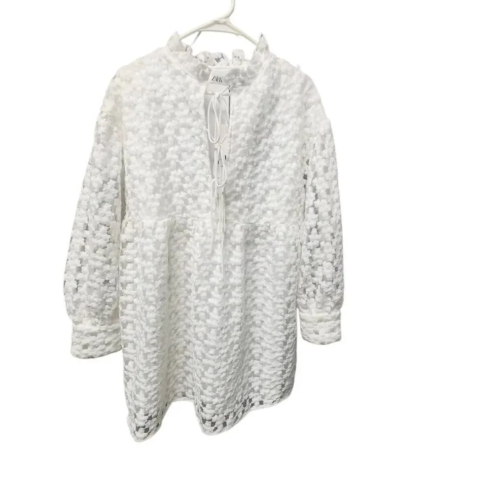 Zara Flower Lace Textured Long Sleeve Babydoll Mini Dress Size M